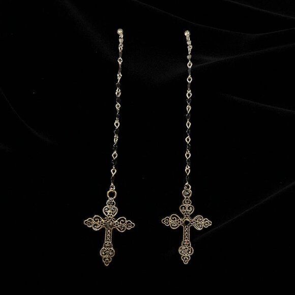 Gota Long Dangle Cross Earrings W/ Black Beaded Chain & Intricate Silver Design - Picture 7 of 7
